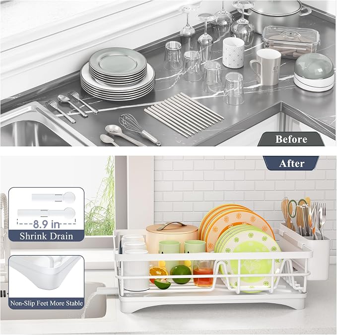 SAYZH Dish Drying Rack for Kitchen Counter with Utensil Holder, White - Image 6