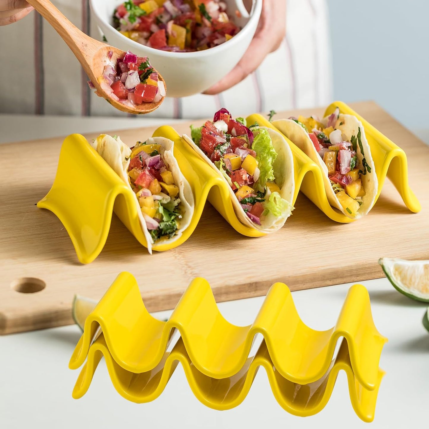 Large Taco Holder Stand, Porcelain Taco Tray with Handles Set of 2 - Perfect for Burritos and Tortillas Holder, Soft or Hard Taco Shell Holder, Keeping Shells Upright - Oven and Grill Safe, Yellow