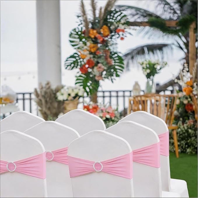 Wedding Pink Chair Sashes 100 Pack Spandex Chair Bows Bands with Buckles - Image 5