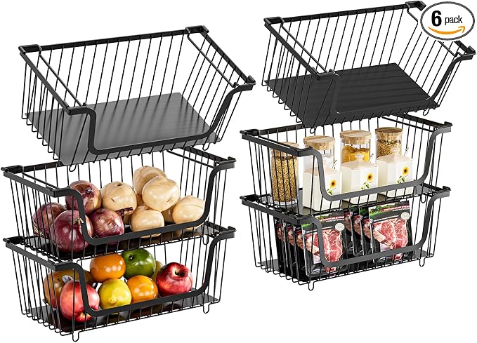 GAOKASE 6 Pcs Stackable Wire Baskets for Pantry Organizers and Storage, | Vegetable Fruit Basket for Countertop,Kitchen Storage Metal Baskets,Produce Potato Onion Storage Bin,Black by GAOKASE