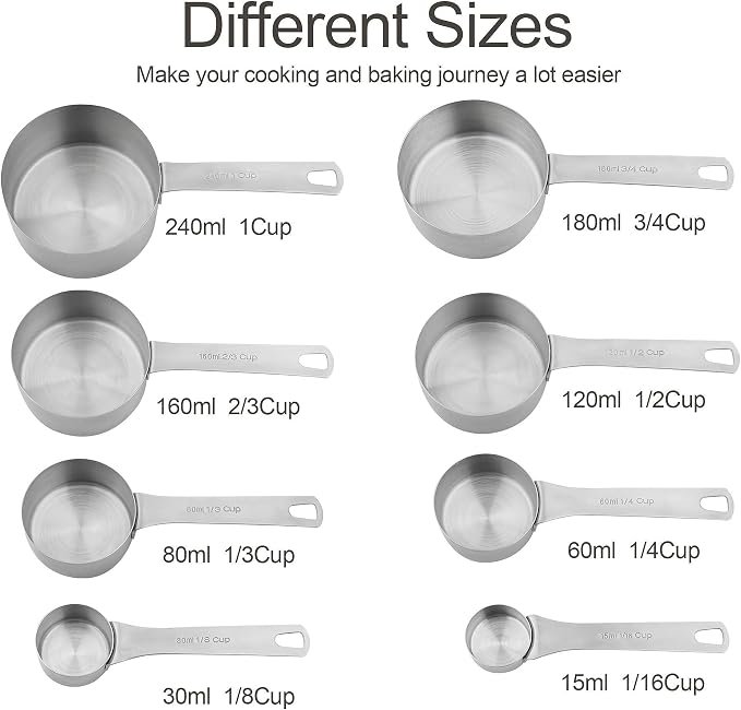 Measuring Cups and Spoons Set, 18/8 Stainless Steel Measuring Cups and Spoons Set for Kitchen & Baking, Heavy Duty Metric & US 8 Measure Cups & 9 Spoons & 1 Leveler - Image 5