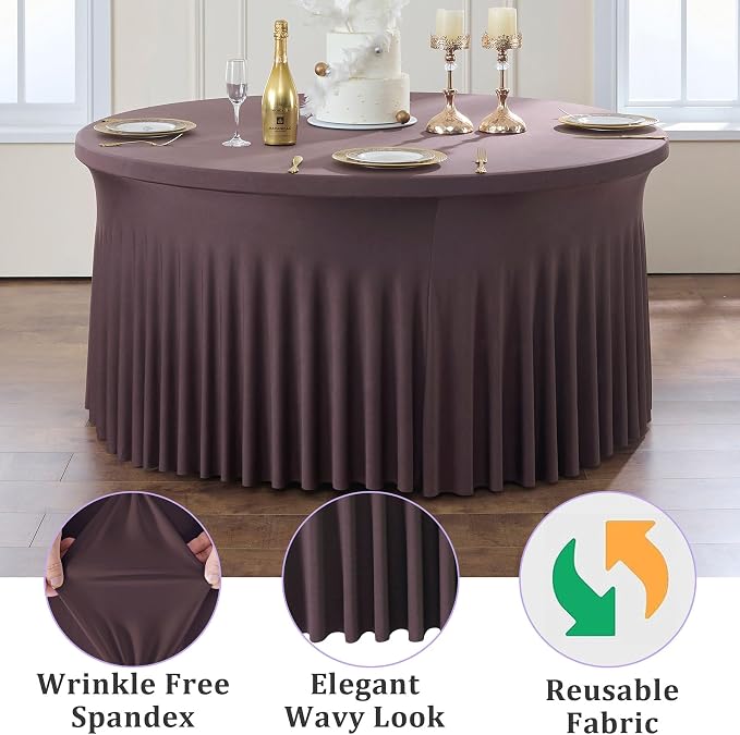 6 Pack Brown Spandex Round Tablecloths for 60 inch Table, Wrinkle Free Stretchy 120inch Fitted 5FT Round Table Cover Cloths with Skirt for Wedding Party Dining Banquet - Image 4