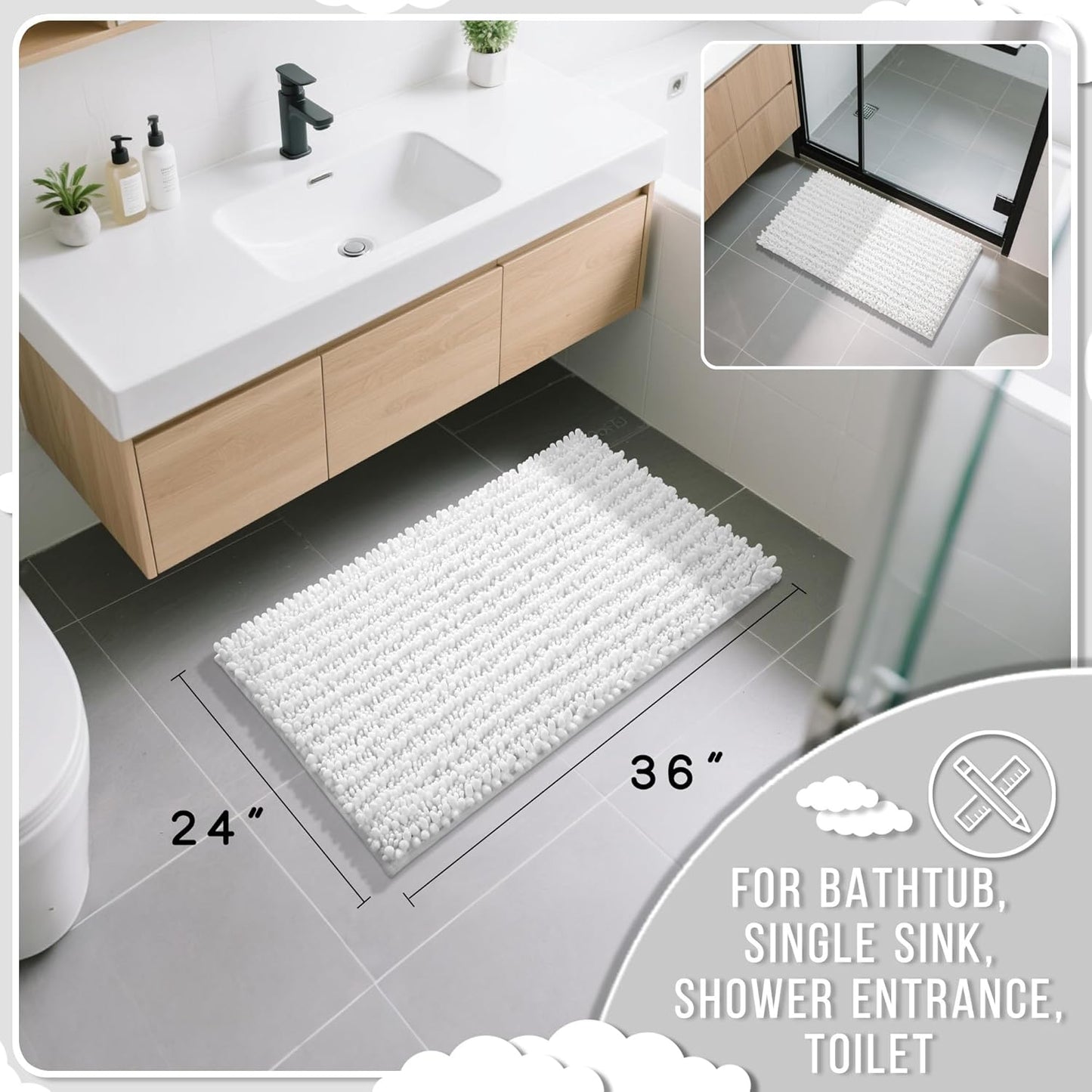 Yimobra Large Bathroom Rugs Non Slip Washable 36x24 Inch - Ultra Soft Absorbent Chenille Bath Mat, Quick Dry Shaggy Floor Carpet for Tub Shower, White Home Decor Accessories