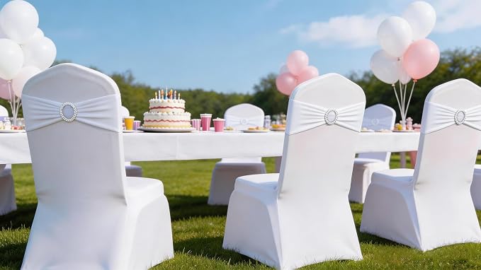 Wedding White Chair Sashes 100 Pack Spandex Chair Bands with Buckles Slider Chairs Bows for Party Birthday Bridal Shower Engagement Anniversary Christmas Event Decorations - Image 7