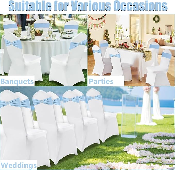 Baby Blue Spandex Chair Sashes 100 Pack Light Blue Sashes for Chairs Covers Stretch Chair Sashes Band with Heart Buckle Slider Wedding Sashes Bows for Banquet Party Event Decoration - Image 7
