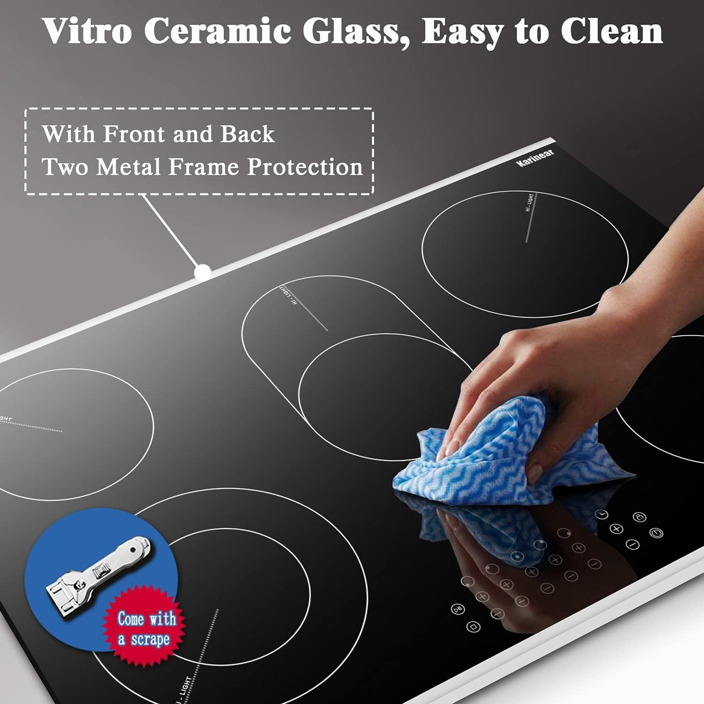 Karinear 30 Inch Electric Cooktop 30 Inch 5 Burners Electric Stove Ceramic Cooktop, Drop-in Electric Radiant Cooktop with Front and Back Metal Frame, Lock, Timer, 8400W, 220-240V, Hard Wire, No Plug