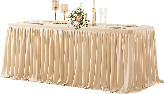 Wish Care Deep Champagne Polyester Table Clothes for 8 Foot Rectangle Tables, Wrinkle Free Fitted Table Cover with Pleated Ruffle Table Skirt for Birthday Party Wedding Trade Show Event Display by WishCare