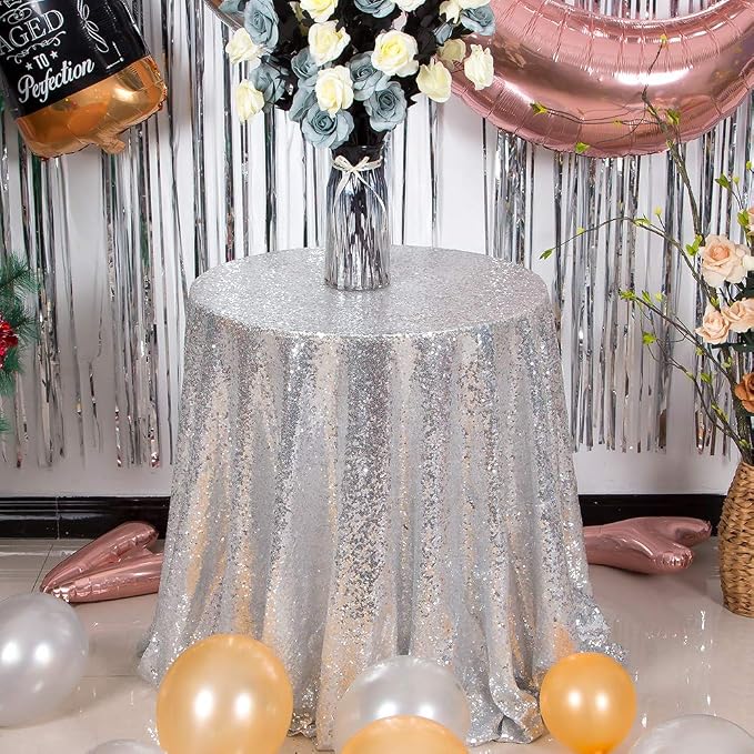 JYFLZQ Silver Sequin Tablecloth, Glitter Party Table Cover 90 Inch Round - Image 2