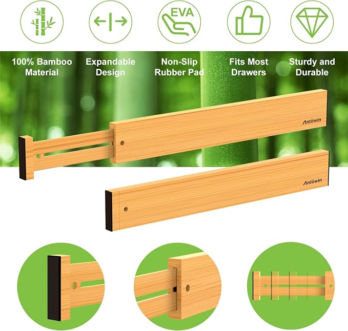 ANTOWIN Bamboo Drawer Dividers Organizers 16pcs, Expandable Drawer Separators Splitter, 17-22 inches Long Adjustable Spring-loaded Organizer for Large Utensil, Clothes, Tools Drawers (8+8) - Image 3