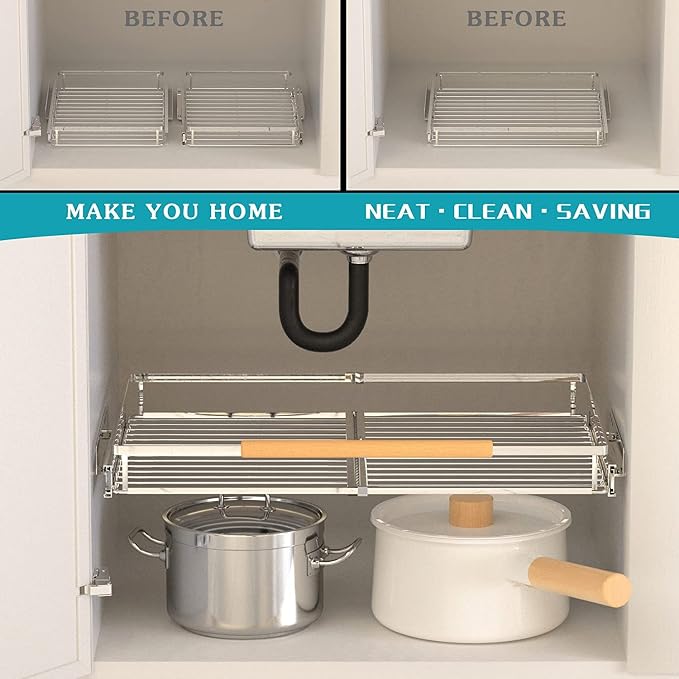 Pull Out Cabinet Shelf, Slide Out Cabinet Organizer Heavy Duty Under Sink, Anti Rust Kitchen Organizer Basket, Smooth Roll Expandable Sliding Drawer, 2 Pack Chrome 15.9''-26.2'' - Image 3