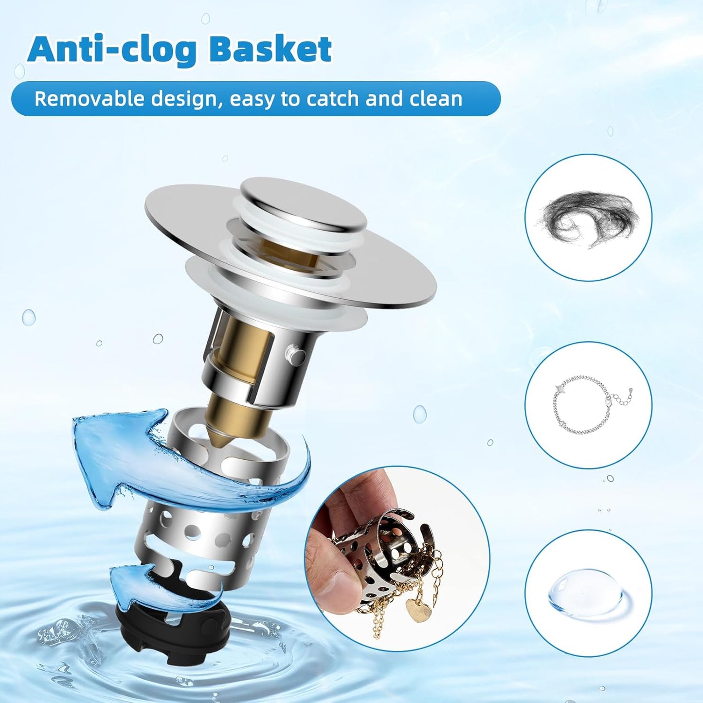 Universal Bathroom Sink Stopper Hair Catcher Upgraded with 2-Layer Detachable Filter Basket – 4 in 1 Pop Up Sink Drain Strainer, Anti-Clog, Odor-Block, Universal Fit for 1.1''~2.36'' Sinks, Chrome