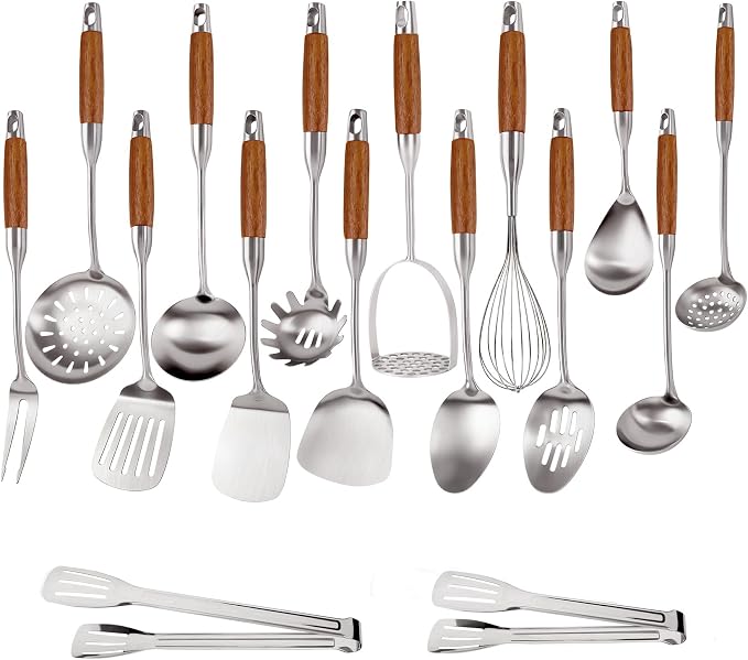 304 Stainless Steel Cooking Utensils Set with Wooden Handle, 16 Pcs Long Heat Resistant Metal Kitchen Utensils Set, Stainless Steel Kitchen Utensils Set with Spatula, Turner, Whisk, Ladle by Unknown