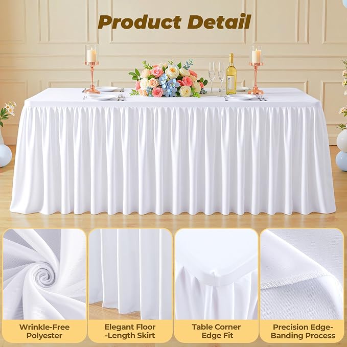 White Polyester Table Cloths for Rectangle 6 Foot Tables, 6 Pack Wrinkle Free Tablecloths Stretchy Banquet Ruffle Fitted Table Cover Desk Skirt for Parties Wedding Birthday Baby Shower - Image 3