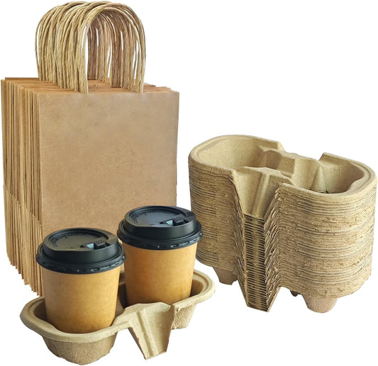 Take-Out Paper Bags And Two Drink Paper Trays 40 Pack,Two Cup Carrier Tray Coffee Cup Holder Disposable Cup Holder Tray,Brown Baper Bags With Handles Bulk (Two-cup size)