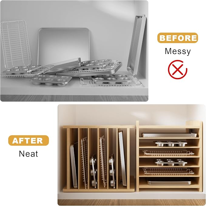 7 Tier Wooden Cookie Sheet Organizer for Cabinet Pot, Pans, Baking Tray Organizer for Kitchen Documents Storage(16.6" W x 16.5" H x 15.2" D) - Image 4