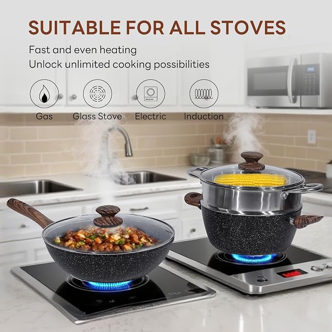 NEWBULIG 17-Piece Nonstick Cookware Set, Dishwasher Safe Non-Toxic Pots and Pans with Stay-Cool Handles, Induction Compatible Cookware, PFAS & PFOA-Free, Black - Image 3