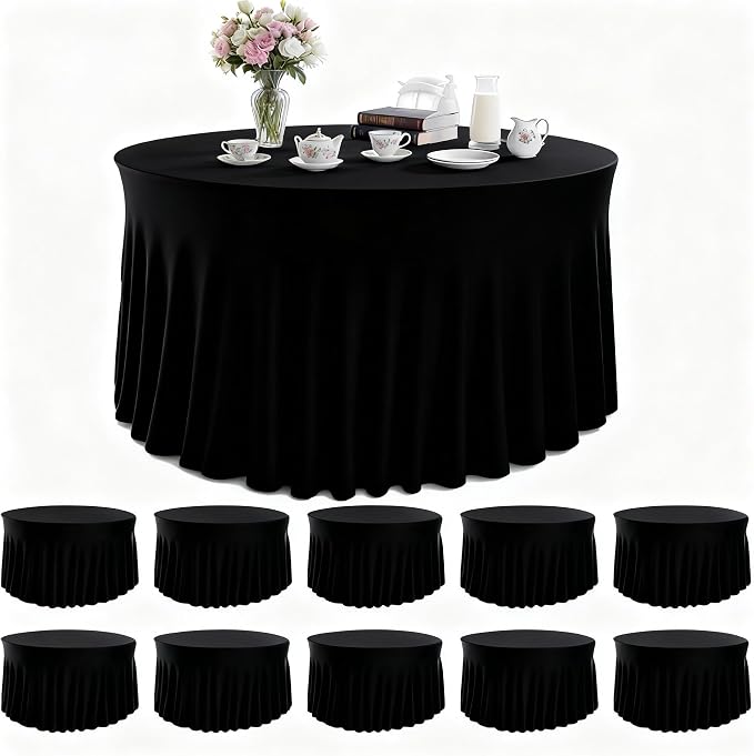 10 Pack Black Round Spandex Tablecloths for 60in Tables, 120 Inch Stretch Fitted Table Skirts, Wrinkle-Free Washable Polyester Covers for Wedding, Banquet & Party by Unknown
