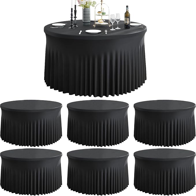 6 Pack Black Round Spandex Tablecloth for 72 inch Table, Wrinkle Free Stretchy 132inch Fitted 6FT Round Table Cloths Cover with Skirt for Wedding Birthday Party Graduation Banquet Events by Htper