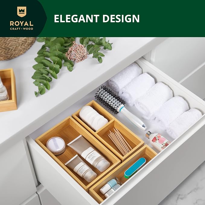 ROYAL CRAFT WOOD Luxury Bamboo Drawer Organizer Storage Box, Bin Set - Multi-Use Drawer Organizer for Kitchen, Bathroom, Office Desk, Makeup, Jewelry (3 Boxes) - Image 4