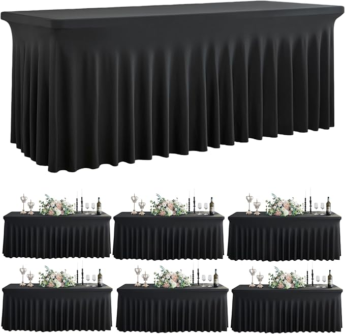 Spandex Tablecloth 8FT Rectangle Table Cover 6 Pack Black Wrinkle-Free by Outpain