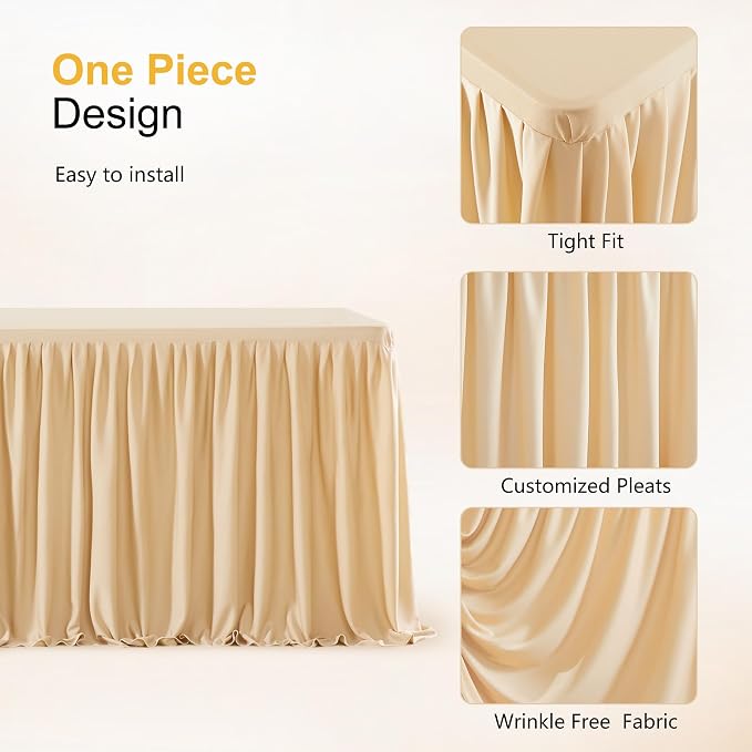 Wish Care Deep Champagne Polyester Table Clothes for 8 Foot Rectangle Tables, Wrinkle Free Fitted Table Cover with Pleated Ruffle Table Skirt for Birthday Party Wedding Trade Show Event Display - Image 5
