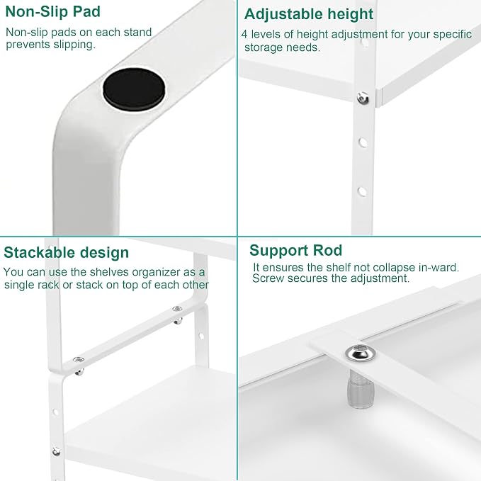 iPEGTOP Expandable Cabinet Storage Shelf Organizer Rack, Heavy Duty Cupboard Stand Spice Rack Adjustable Height Garage Pantry Shelf Space Riser for Counter Kitchen Organization, White, 1 Pack - Image 6
