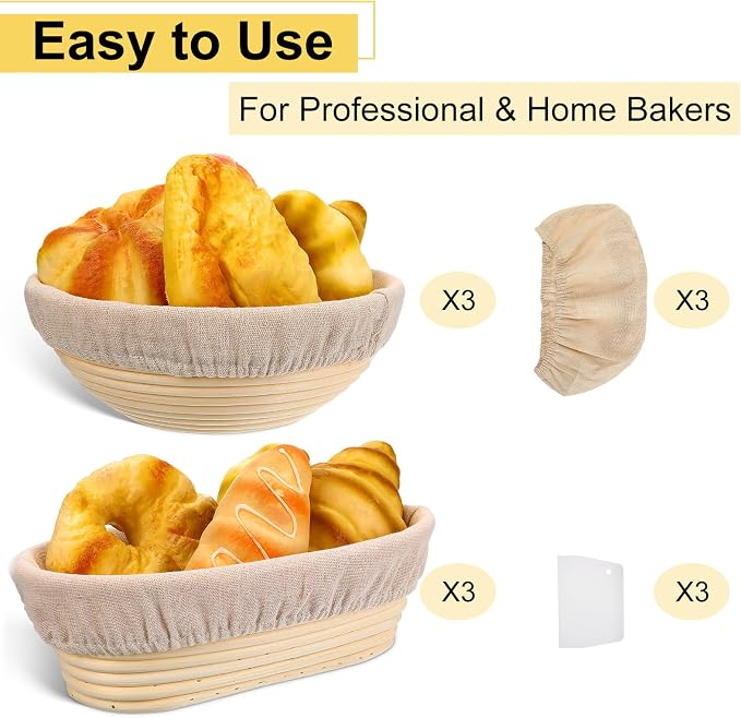 Geetery 6 Pack Bread Banneton Proofing Baskets 10 Inch Oval and 9 Inch Round Rattan Sourdough Baskets Dough Proofing Bowls with Liners and Dough Scraper for Home Sourdough Bread Baking Supplies - Image 2