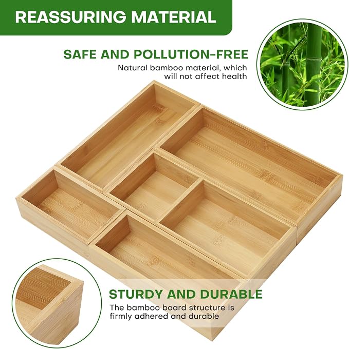 MapleGrace Bamboo Drawer Organizer Set, Individual Wood Storage Organizers - Image 5