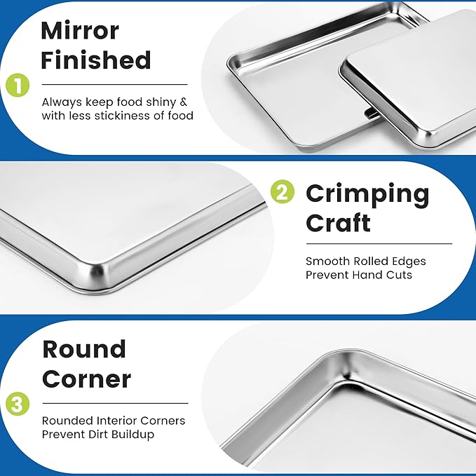 BIEAMA 6 Pack Stainless Steel Toaster Oven Baking Sheets, 9 x 7 in | Stainless steel pans with no chemical coating, mirror-polished finish and rolled edges; dishwasher safe, oven safe to 500°F. - Image 3