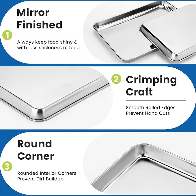 BIEAMA 6 Pack Stainless Steel Toaster Oven Baking Sheets, 16 x 12 in | Stainless steel pans with no chemical coating, mirror-polished finish and rolled edges; dishwasher safe, oven safe to 500°F. - Image 3