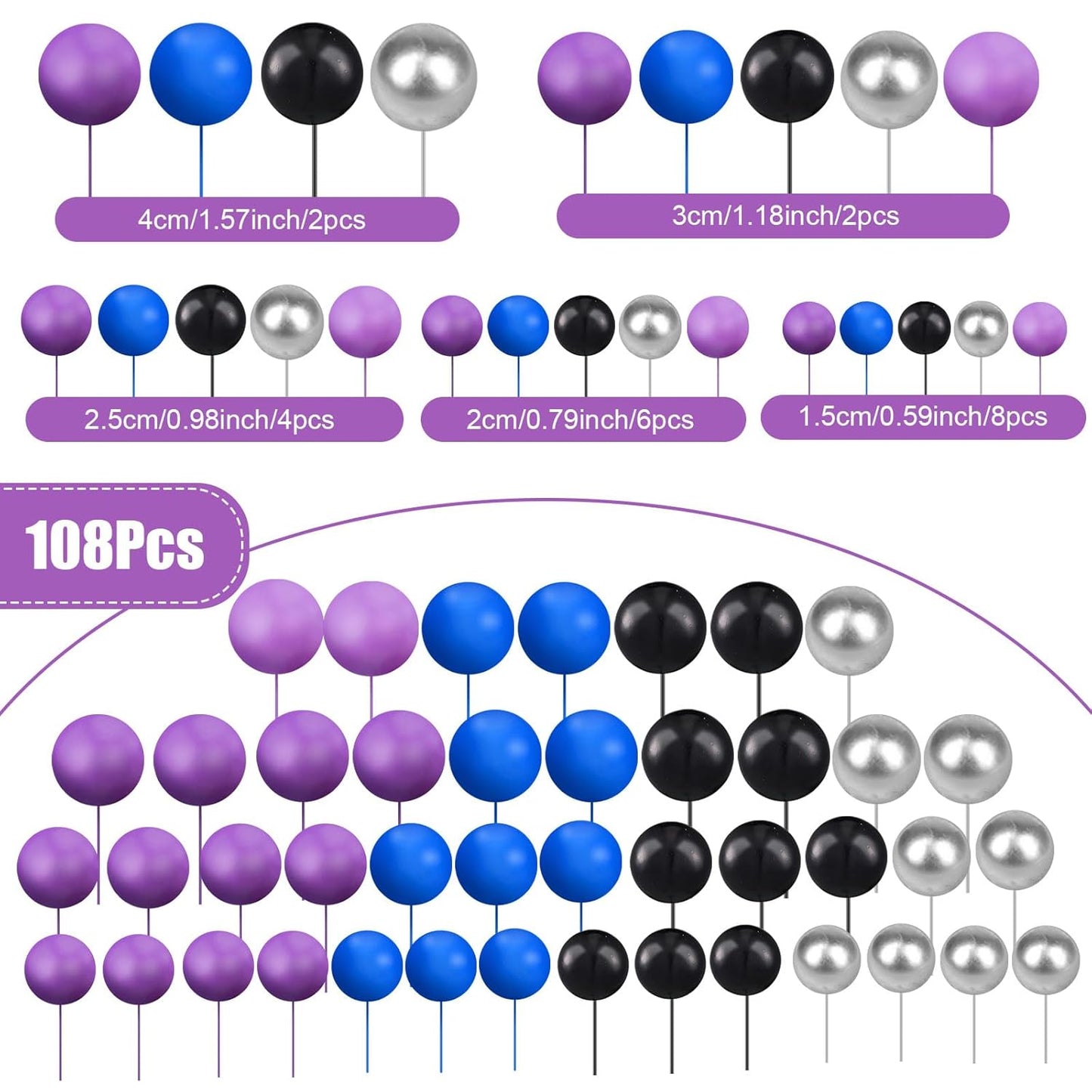 108 Pcs Balls Cake Topper DIY Cupcake Insert Foam Balloons for Cake Baking Wedding Anniversary Birthday Decoration(Elegant Colors,Multi Sizes)