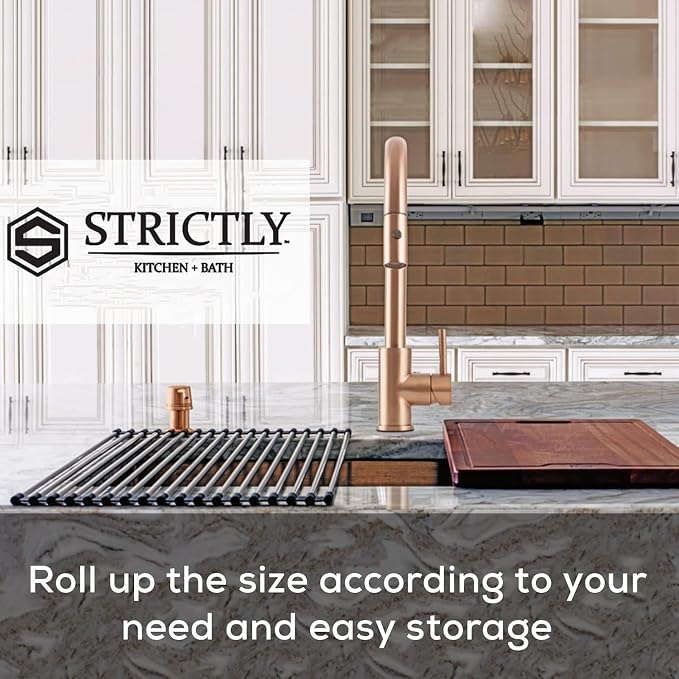 Strictly Sinks Stainless Steel Roll Up Dish Drying Rack – Copper 16 Inch Over The Sink Drying Rack Ideal for Apron Workstation Sinks Only – Multipurpose Foldable Dish Rack (16-3/8″ x 13″ x 3/8″) - Image 5