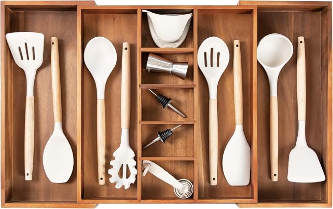 KitchenEdge Utensil & Junk Drawer Organizer, 16-28 in, Acacia | Food-safe contract grade, 100% sustainable wood, non-slip, adjustable by KitchenEdge