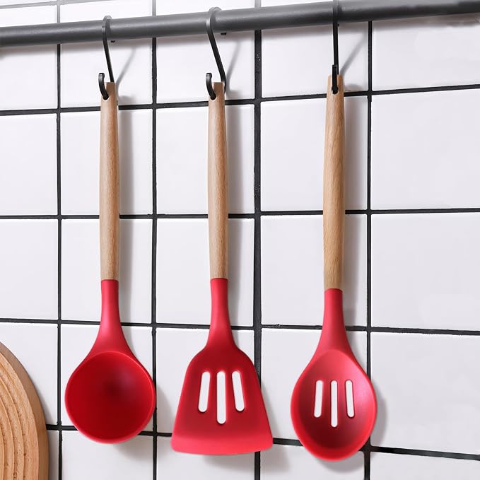 Kitchen Cooking Utensils Set 6Pcs Heat Resistant Silicone Kitchen Utensils Spatula Spoon Turner Ladle w Wooden Handle, BPA FREE Silicone Cooking Tool Gadget Set for Nonstick Cookware & Baking - Image 8