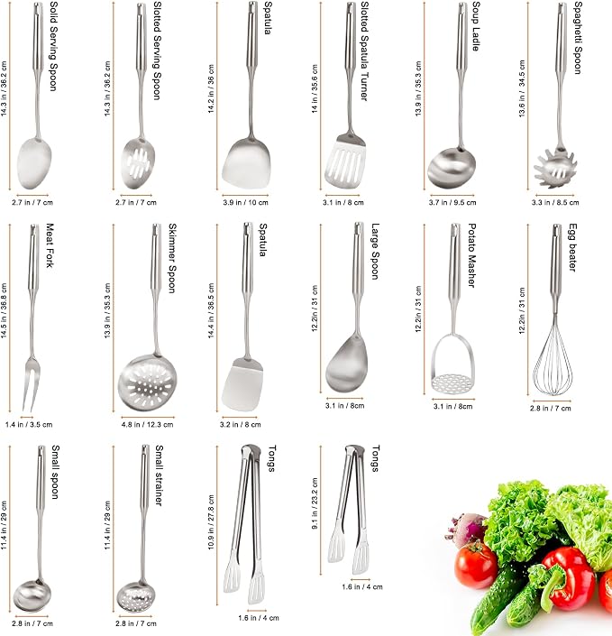 304 Stainless Steel Cooking Utensils Set, 16 Pcs Kitchen Utensils Set Cookware, High-heat resistance Kitchen Tool Set for Hanging Dishwasher Safe (16, silver) - Image 2