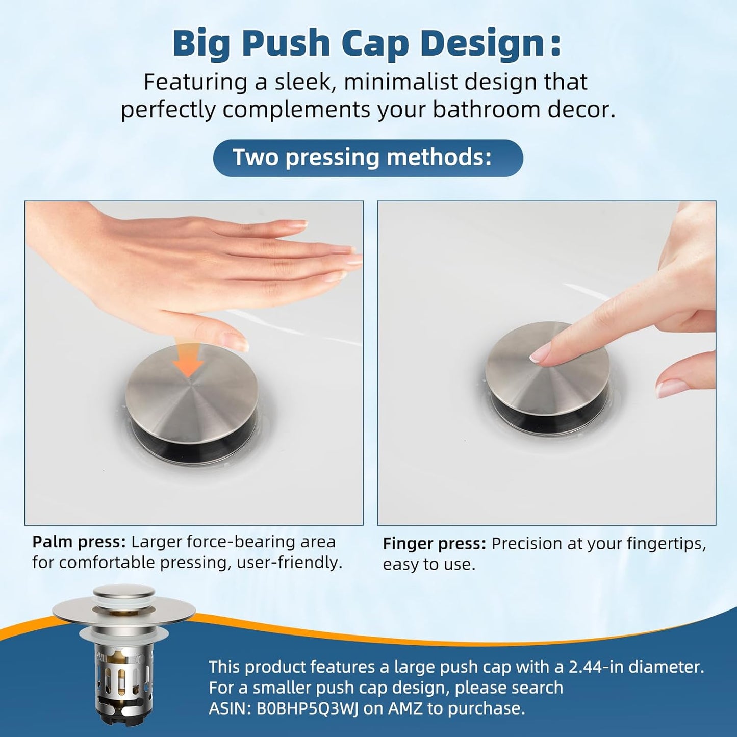 Hibbent 2 Pack Upgraded 3 in 1 Bathroom Sink Drain Strainer, Pop Up Sink Stopper with Big Cap, Anti-Clogging Metal Filter Basket,Sink Plug with Hair Catcher for 1.1''~2.36'' Basin, Brushed Nickel