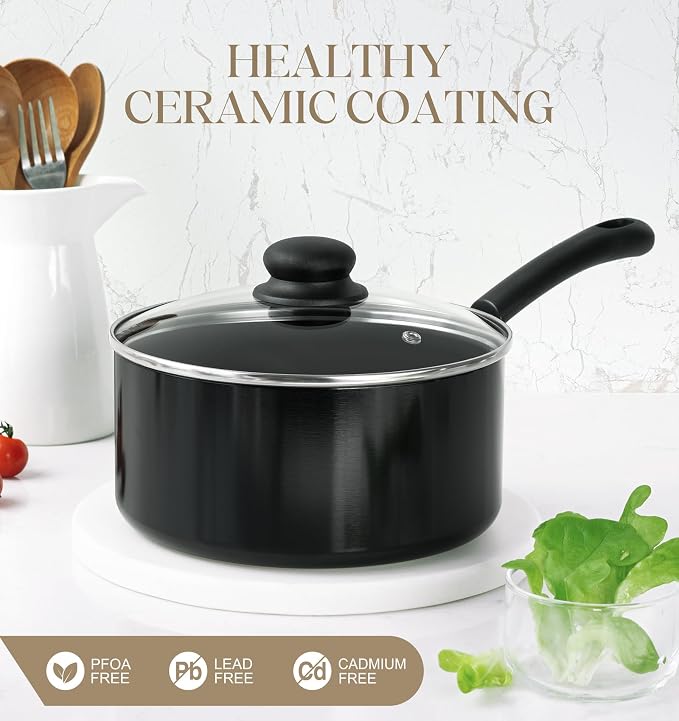 MICHELANGELO Nonstick Saucepan with Lid, Ceramic Sauce Pan Sets, Easy to Clean Sauce Pans, Multi-Purpose Cooking Pots, 1QT & 2QT & 3QT, Black - Image 4