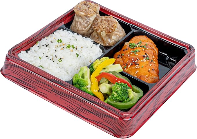 Bento Tek 17.9 Ounce Meal Prep Containers, 50 Disposable To Go Food Boxes - Lids Sold Separately, 4 Compartments, Red And Black Plastic Bento Lunch Boxes, Freezable, For Take Out - Restaurantware by Restaurantware