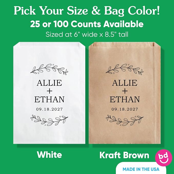 Big Dot of Happiness Personalized Rustic Leaves Paper Treat Bags, Custom Wedding Party Individual Candy Snack Favors, Greaseproof Kraft Brown Sandwich Cookie Bags - 25 Count - Image 4