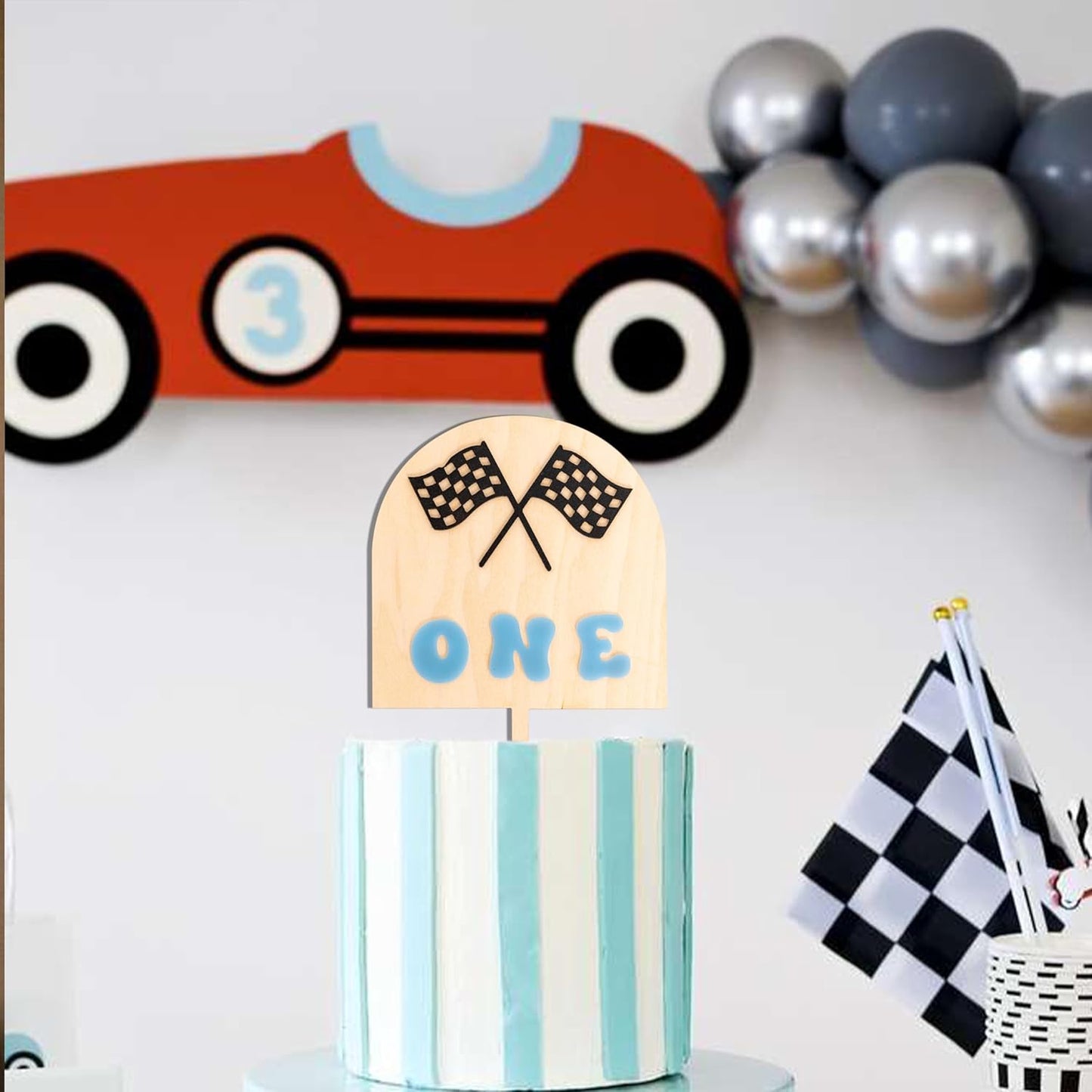 Race Car One Cake Topper - Racing Theme Wooden Cake Topper, Fast One Birthday Decoration for First Birthday Party, Anniversary, Smash Cake, Baby Photo Booth Props...