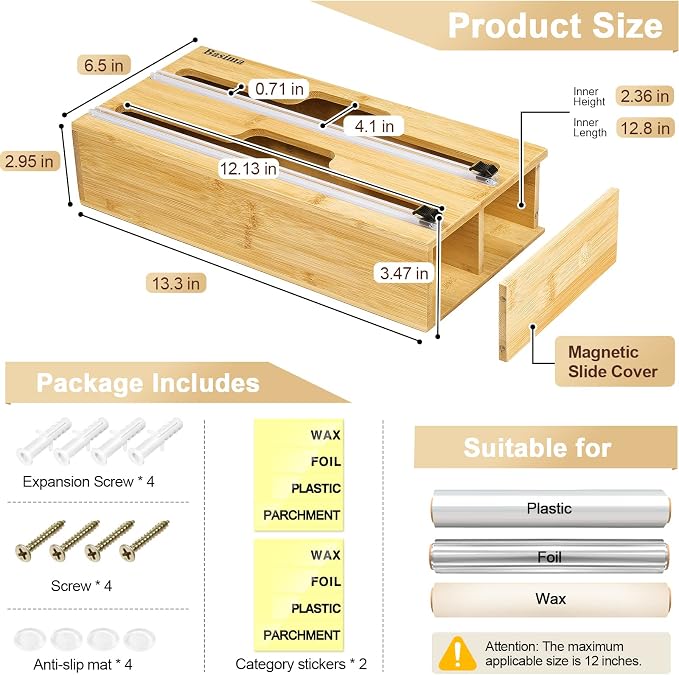 Plastic Saran Wrap Dispenser with Cutter, Basima Foil and Plastic Wrap Organizer, 2 in 1 Bamboo Aluminum Foil, Parchment and Wax Paper Organization and Storage for Kitchen Drawer, Fits 12" Roll - Image 3