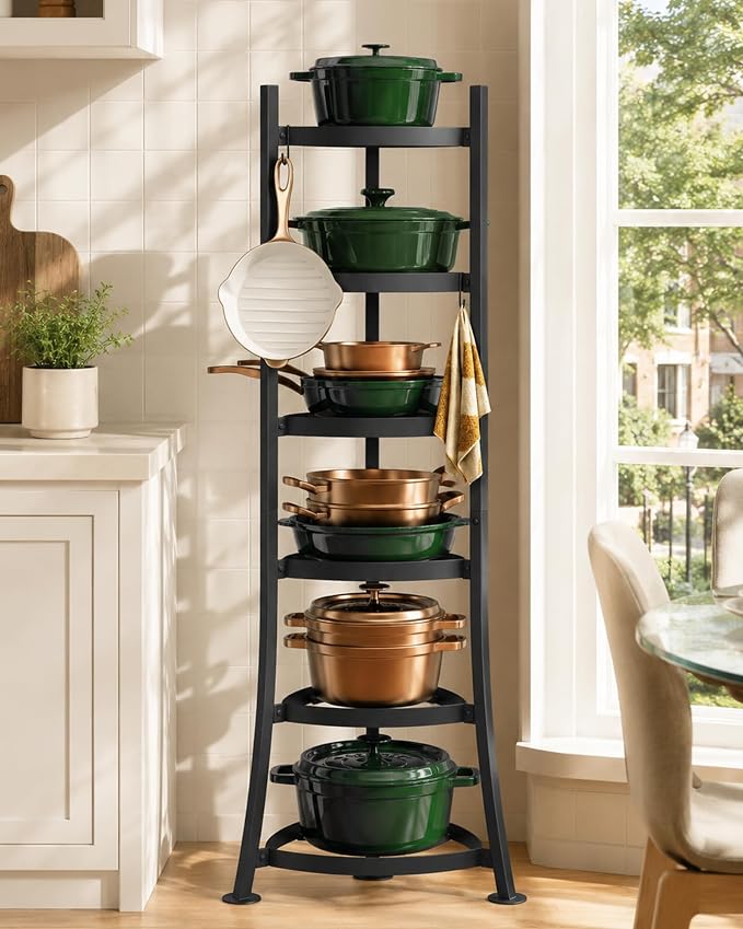 6-Tier Cast Iron Freestanding Pot Rack, 264 Lbs Capacity Cookware Storage Tower with 6 Hooks, Pot and Pan Organizer for Kitchen and Dining Room, Matte Black by GIGIFTREE