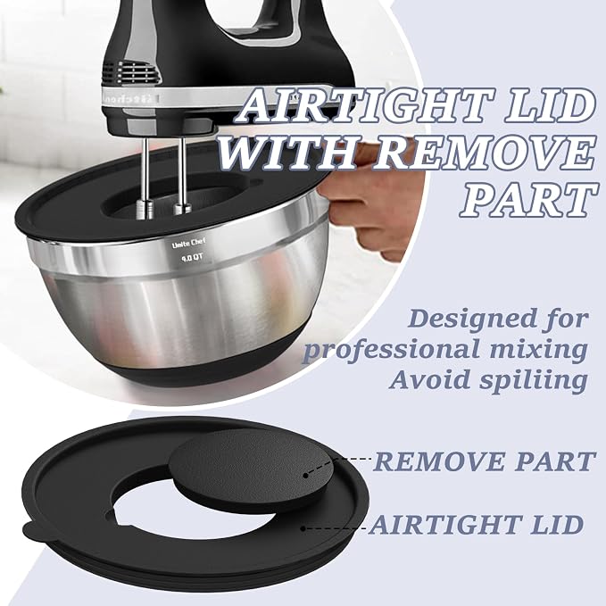 Umite Chef Mixing Bowls with Airtight Lids Set, 8PCS Stainless Steel Nesting Bowls Set, 3 Grater Attachments & Non-Slip Bottoms, Size 5, 4, 3.5, 2, 1.5QT for Baking & Mixing(Black) - Image 6