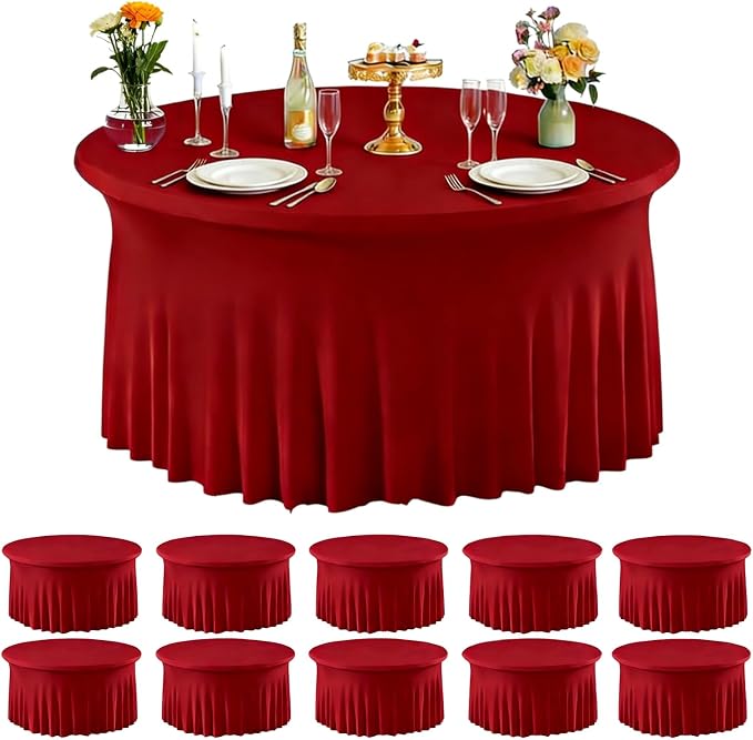 10 Pack Red Spandex Round Tablecloths for 60inch Tables, 120 Inch Stretchy 5ft Round Fitted Tablecloth Wrinkle Free Washable Table Cloths Table Covers with Skirt for Wedding Party Birthday Banquet by Zrlljp