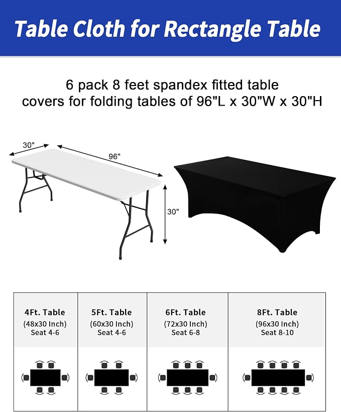 Fixwal 6 Pack Black Spandex Tablecloth 8 Foot Fitted Table Cover - Image 3