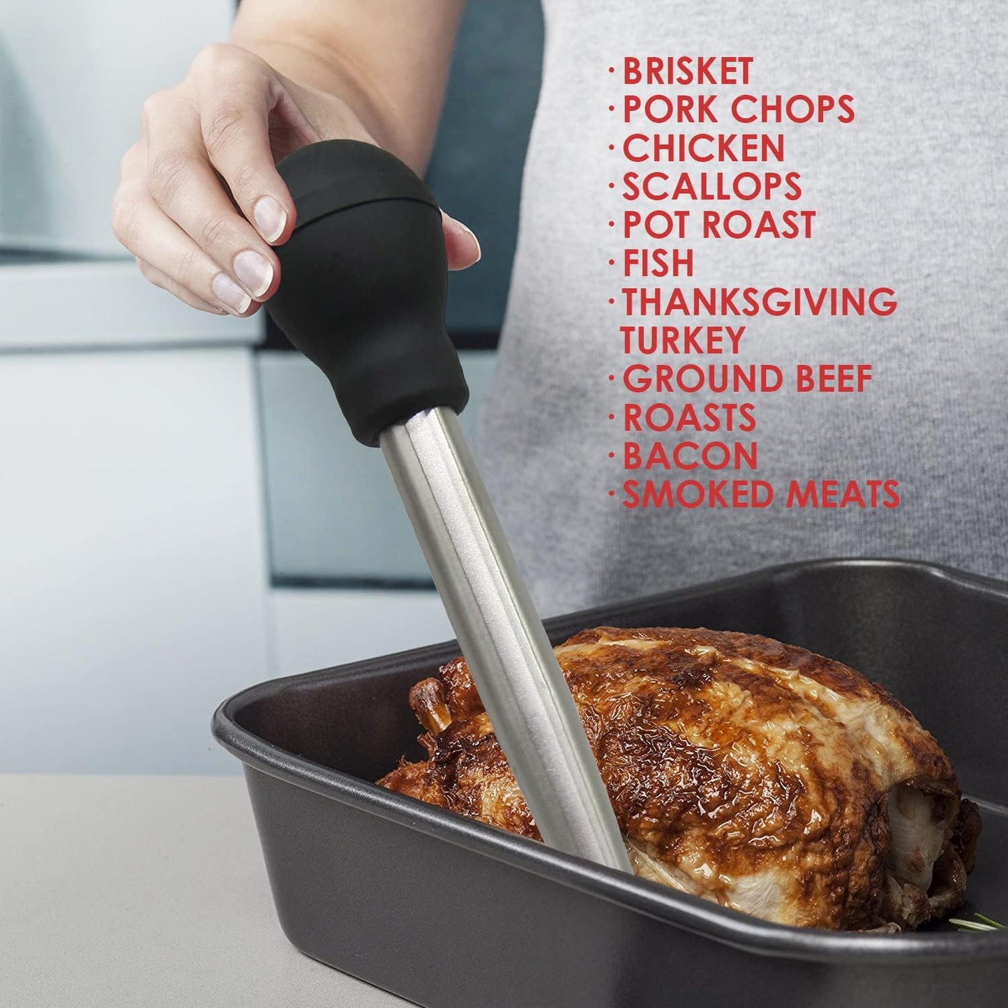 KAYCROWN Stainless Steel Turkey Baster Commercial Grade Quality Rubber Bulb Including 2 Marinade Injector Needles and Brush for Easy Clean Up