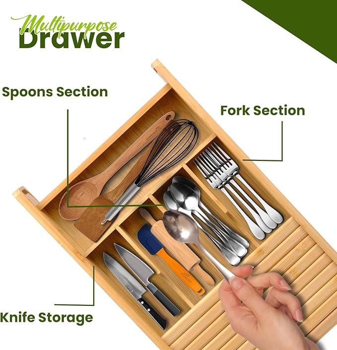 KozyKoala & Co. Bamboo Drawer Organizer with Sliding Lid - 5 Slot Kitchen Drawer Organizer & Utensil Holder - Wood Bamboo Cutlery Tray for Flatware & Multipurpose Storage for Home & Office - Image 4
