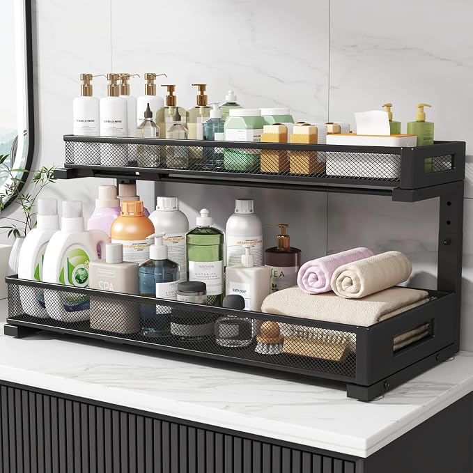1 Pack 20.47IN Depth Under Sink Storage Organizer, Large 2-Tier Elegant Mesh Pull Out Shelf for Kitchen and Bathroom Cabinet Organization, L-Shaped and Adjustable Height Design-Black - Image 7