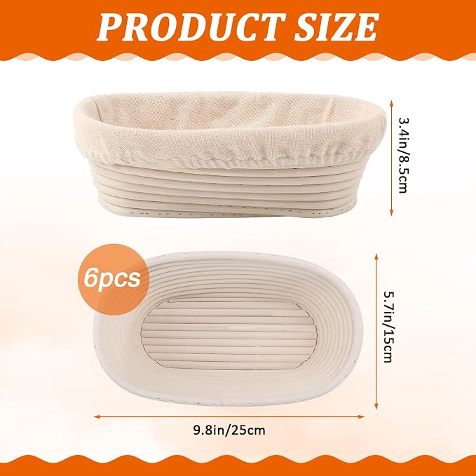 6 Pack Oval Banneton Proofing Basket Set 10 Inch, Natural Rattan Sourdough Bread Baskets with Linen Liners, Dough Baking Bowls for Professional & Home Bakers (10" Oval -6 Pack) - Image 2