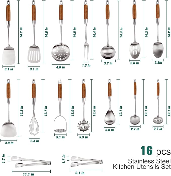 304 Stainless Steel Cooking Utensils Set with Wooden Handle, 16 Pcs Long Heat Resistant Metal Kitchen Utensils Set, Stainless Steel Kitchen Utensils Set with Spatula, Turner, Whisk, Ladle - Image 2